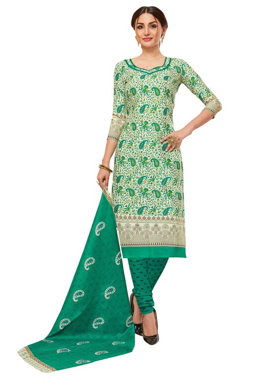Viva N Diva Cream & Green Colored Cotton Printed Salwar Suit Dress Material